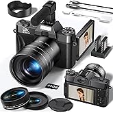 FLATIC Cameras for Photography, 6K 64MP Digital Camera with WiFi & Microphone for Youtuber, 16X Zoom Vlogging Camera with 180°Flip Screen, 64GB Card, 2 Batteries, Macro & Wide-Angle Lens, Card Reader