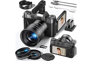 FLATIC Cameras for Photography, 6K 64MP Digital Camera with WiFi & Microphone for Youtuber, 16X Zoom Vlogging Camera with 180°Flip Screen, 64GB Card, 2 Batteries, Macro & Wide-Angle Lens, Card Reader