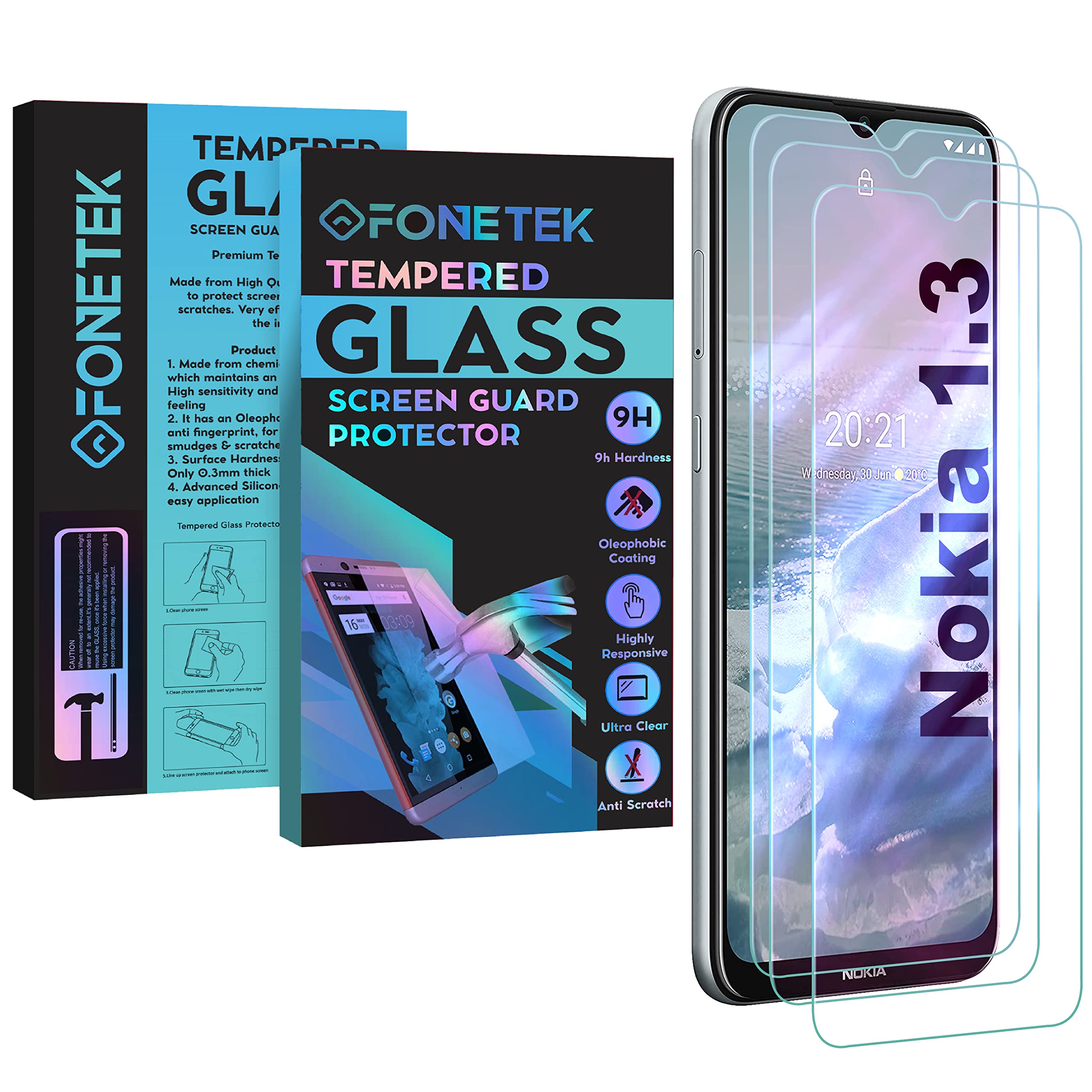 TeKKno Fonetek® Pack of 3, To Fit NOKIA 1.3, TEMPERED GLASS Screen Protector LCD Guard Case Cover for Nokia 1.3 [9H Hardness] [Crystal-Clear] [Scratch-Resistant] [Bubble-Free]