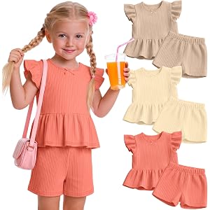 JoyMotion 3 Pack Toddler Girls Sets Outfits | 18M-5T, 2 Piece, Ribbed, Cute, Ruffled Sleeveless Top, Bow, Cute, Summer Clothe