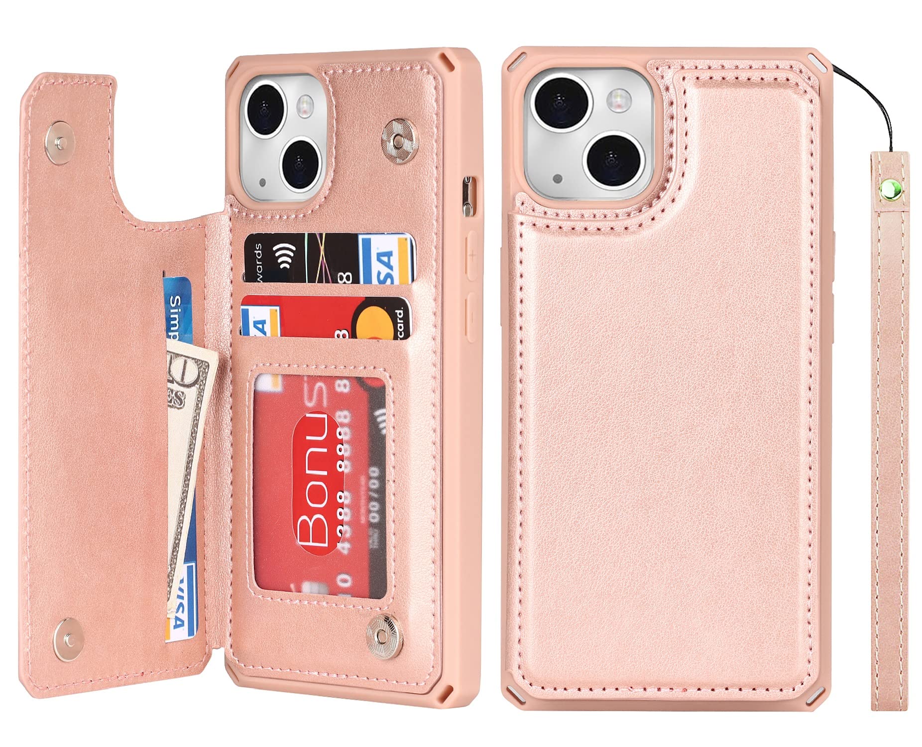 iCoverCase Compatible with iPhone 13 Wallet Phone Case with Card Holder for Women, RFID Blocking Embossed PU Leather Wrist Strap Case 6.1 Inch (Macaron Rose Gold)