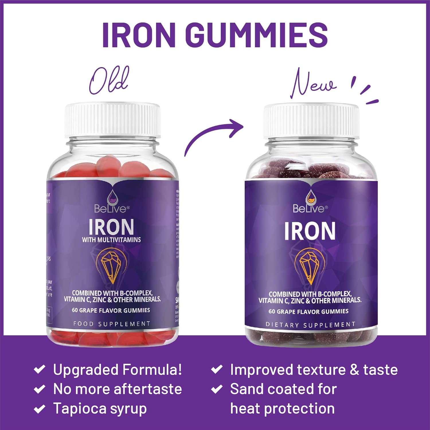 Iron Gummies with Vitamin C & A, Vitamins B Complex, Zinc, Multivitamin for Kids and Adults - Ideal for Sensitive Stomachs - Non-Constipating - 60 Vegan Chewable Gummy: Health & Personal Care