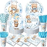 Widecook 450 Pcs Blue Bear Baby Shower Tableware Set Decorations, We Can Bearly Wait Paper Plates Napkins Cups Cutlery Straws for Blue Baby Shower Gender Reveal Birthday Party Supplies, Serves 50