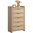 SICOTAS Dresser for Bedroom Chest of Drawers 46" Tall Dresser for Closet with 5 Rattan Drawers Boho Night Stand Large Clothes Storage Cabinet for Living Room Hallway Nursery Entryway