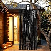 Halloween Black Ghost Hanging Decorations &ndash; DIY Black Ghost Streamer Hanging Decor with Interchangeable Horror Faces for Indoor Outdoor Halloween Party Decorations
