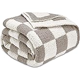 CozeCube Super Soft Fullfy Microfiber Reversible Knitted Blankets, Warm Cozy Fuzzy Plush Throw, Grey and White Checkered Throw Blanket for Couch Bed Sofa, 50" x 60"