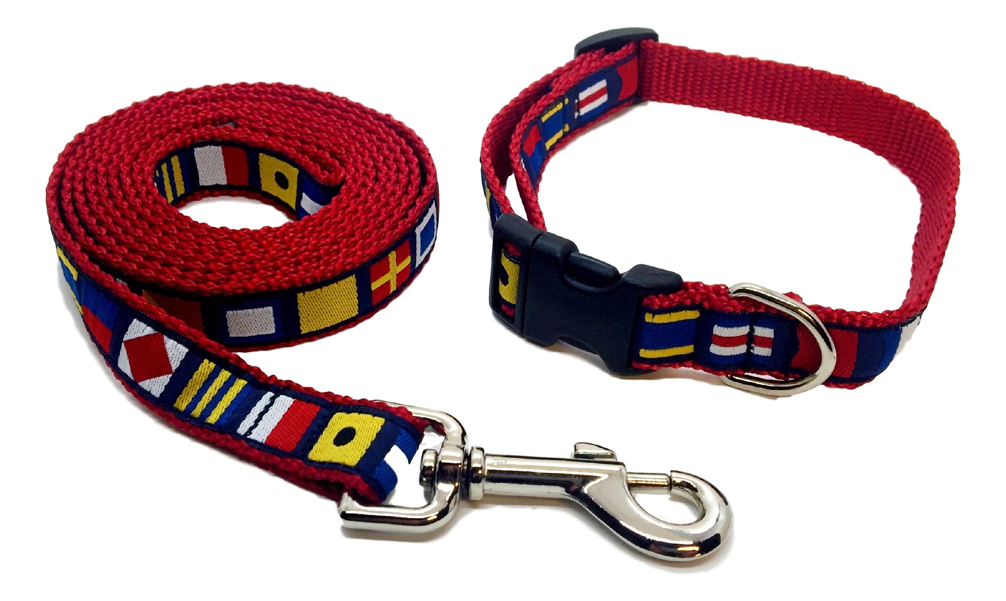 Preston Nautical Code Flag Dog Collar and Leash Set Multi Color Ribbon on Red Nylon Webbing