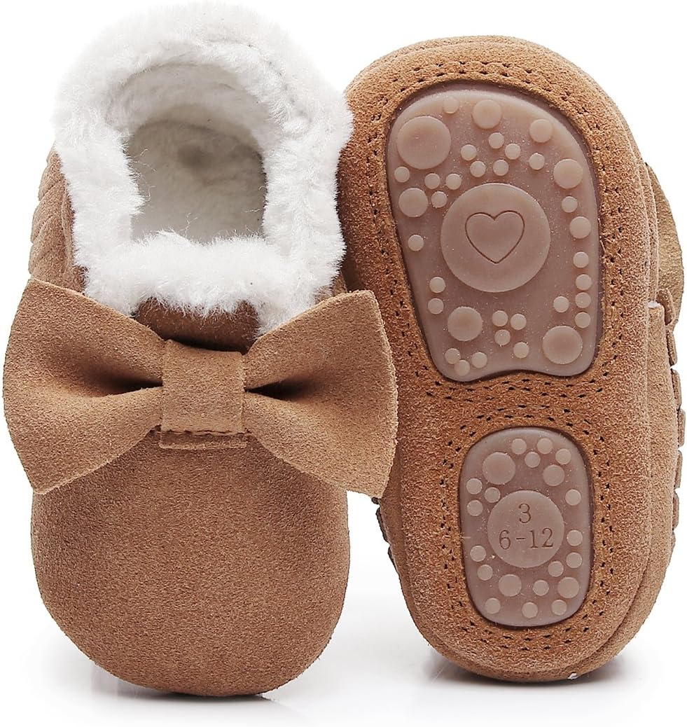 Baby Moccasins with Fur Fleece Rubber Soles Warm Snow Boots Leather Baby Shoes for Boys Girls