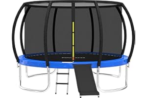 Polwkscas Trampolines 12FT 14FT Trampoline with Safety Enclosure Net & Ladder, Outdoor Trampoline for Kids and Adults with Heavy Duty Jumping Mat and Spring Cover Padding, ASTM Approved