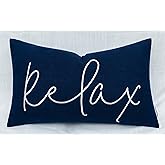 Rudransha Relax Embroidered Lumbar Pillow Cover – 12x20 Navy Blue Cotton