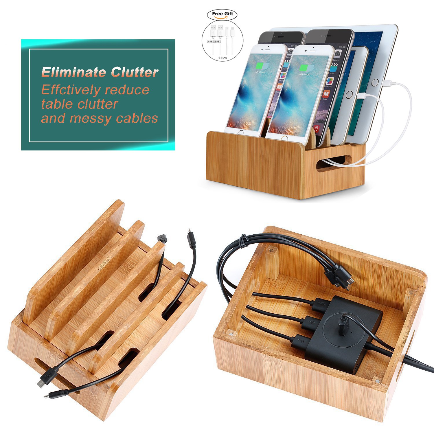 LENPOW Natural Bamboo Universal Charging Station Dock Stand Multi-device Organizer for Phones Pad Tablets Laptops - Strong Build ,Eco-Friendly