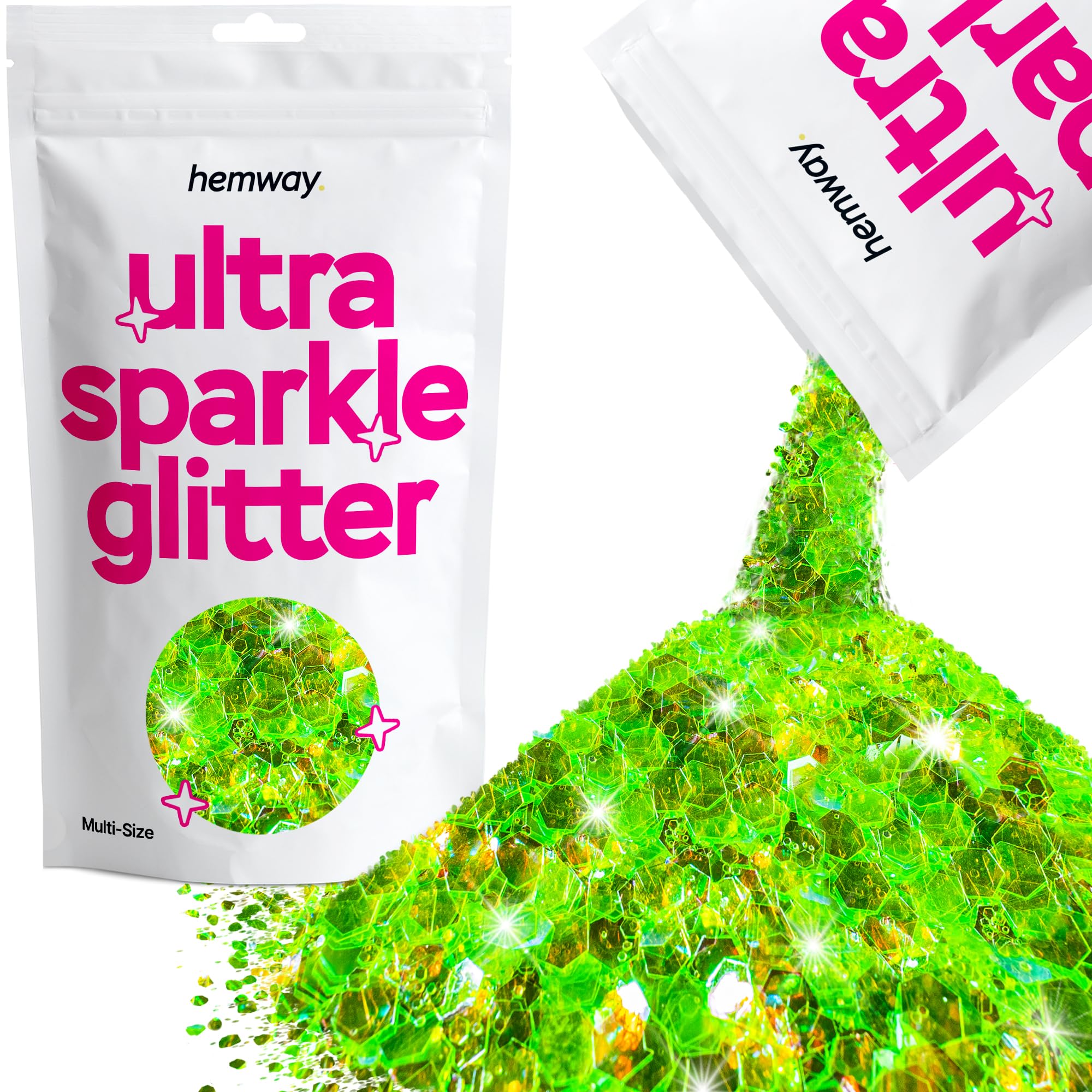 Hemway Ultra Sparkle Glitter Fluorescent Green 100g Multi Size | Glitter for Arts & Craft, Makeup, Nail Art, Crafting, Card Making, Sparkle Decoration