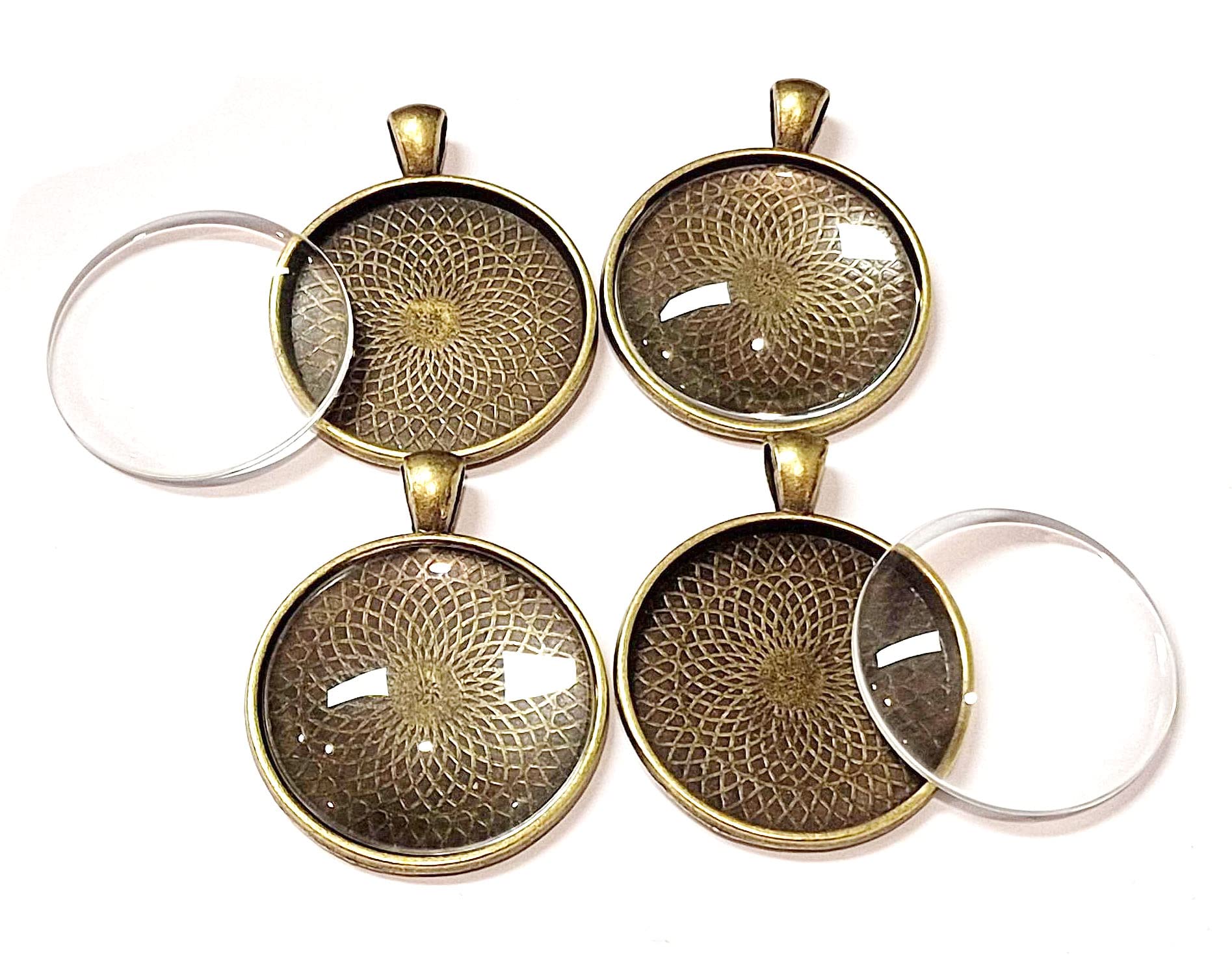 Perlin 4pcs Bronze Antique Charm Setting - 30mm Clear Glass Cabochon Frame, 33mm x 30mm, Brass, Unisex