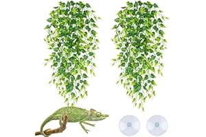 QUOZUO Reptile Tank Accessories Terrarium Plants, 2 Pack Reptile Hanging Plants Faux Leaves Reptile Hide with Suction Cup, Bearded Dragon Tank Accessories for Leopard Gecko Lizard Snake Chameleon