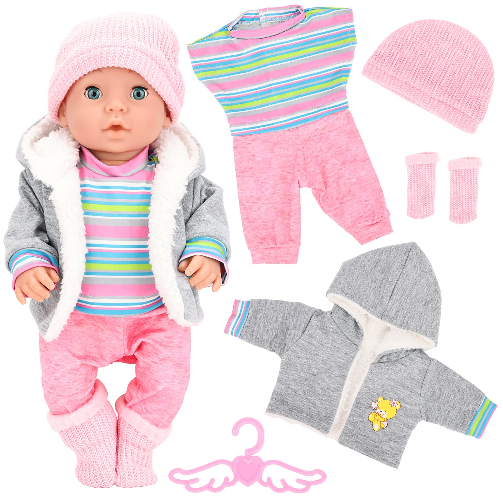 Miunana Sweet Baby Doll Clothes for 14 Inch16 Inch 17 Inch Dolls - 4 Piece Hat, Coat, Socks, Top, Pants & Hanger Set, Handmade Soft Fashion Outfit with New Born Baby 35-43 cm Dolls Girls Birthday — image 1
