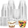 AOZITA 100 Sets, 9 oz Clear Plastic Cups With Flat Lids No Hole, Disposable Cups With Lids for Ice Cream, Pudding, Cake, Snacks Smoothie, Milkshake, Cold Drinks