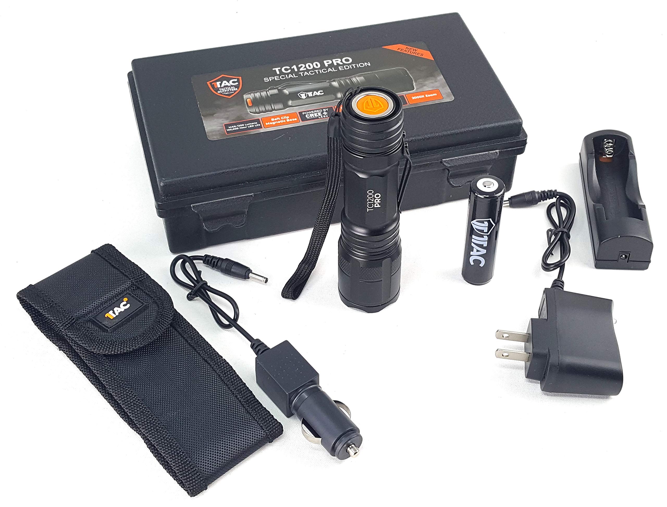 1TAC Rechargeable XM-L2 LED Tactical Flashlight Kit High Power | 1200 Lumens 5 Light Modes, Ultra Bright and Waterproof Aircraft Grade Aluminum