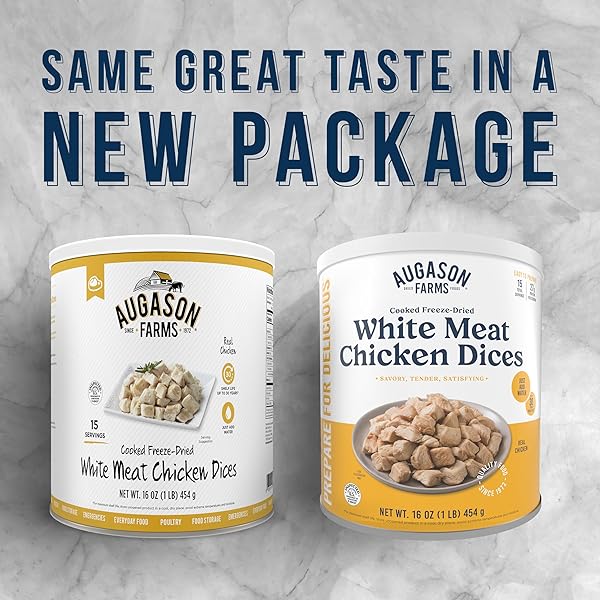 AUGASON FARMS COOKED FREEZE DRIED WHITE MEAT CHICKEN DICES CAN, EMERGENCY FOOD SUPPLY, EVERYDAY MEALS, 15 SERVINGS