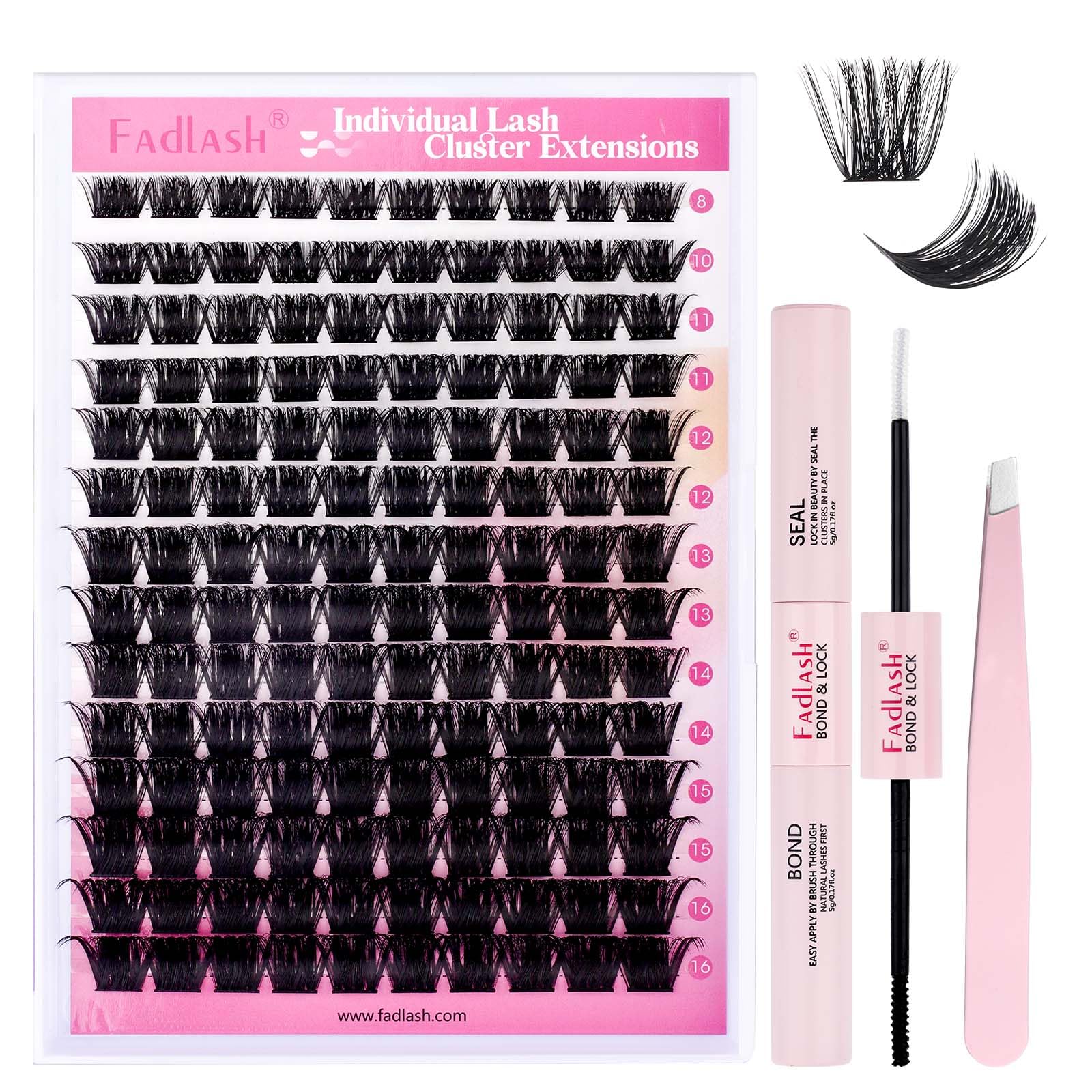 FADLASH 200D 0.07mm D Curl 8-16mm with Bond and Seal and Tweezers Fluffy Cluster Lashes DIY Eyelash Extensions — image 1