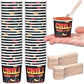 Teenyyou 100 Pcs Chili Cook off Party Decorations, 50 Pcs 2 oz Mini Chili Cook off Tasting Cups Disposable Sample Paper Cups and 50 Wooden Spoons for Competition Prizes Party Cooking Supplies(Black)