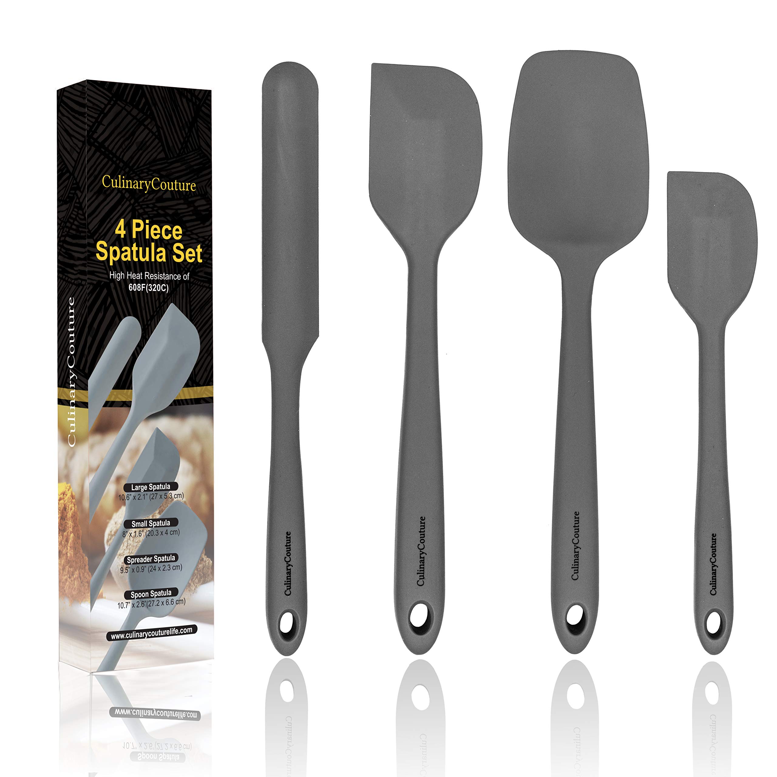 Grey Silicone Spatula Set – Non Stick High Heat Resistant Kitchen Utensils – 320C – Sturdy Steel Core – Spreader, Scraper, Spoonula Spatulas – 4 Piece Utensil Set - Gift Box and Bonus Recipe Ebook!