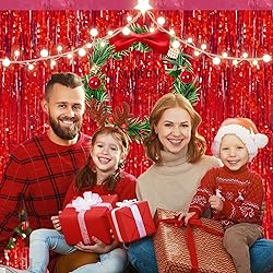 2 Pack 3.2 ft x 9.8 ft bling Red Tinsel Curtain