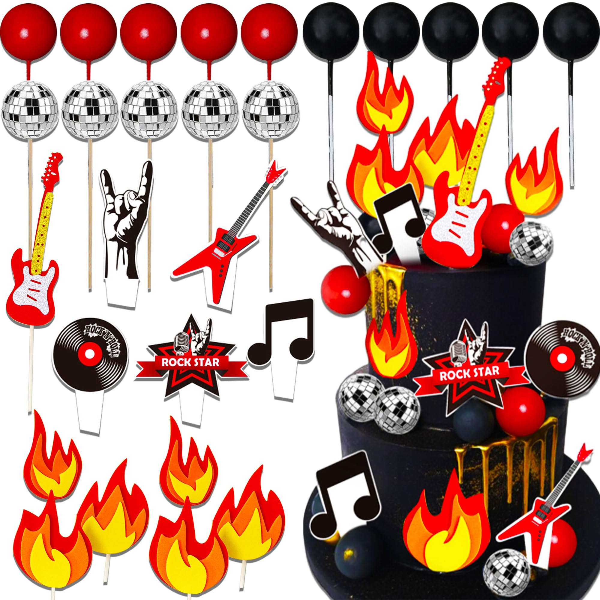 JeVenis Guitar Cake Topper Disco Ball Cake Decorations Music Note Rock and Roll Cake Toppers for Rock Star Musician Bass Guitar 80s Retro Themed Party Supplies