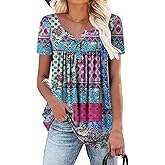 ROSELINLIN Women's Short Sleeve Shirts Floral Summer Tops Loose Fit for Leggings