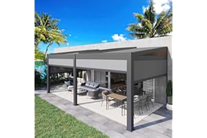 MELLCOM Louvered Pergola with Screen 10x20, Wall-Mounted Adjustable Pergola, Lean to Aluminum Gazebo with 4 Pull-Down Screen Sides and Adjustable Roof for Backyard, Dark Gray