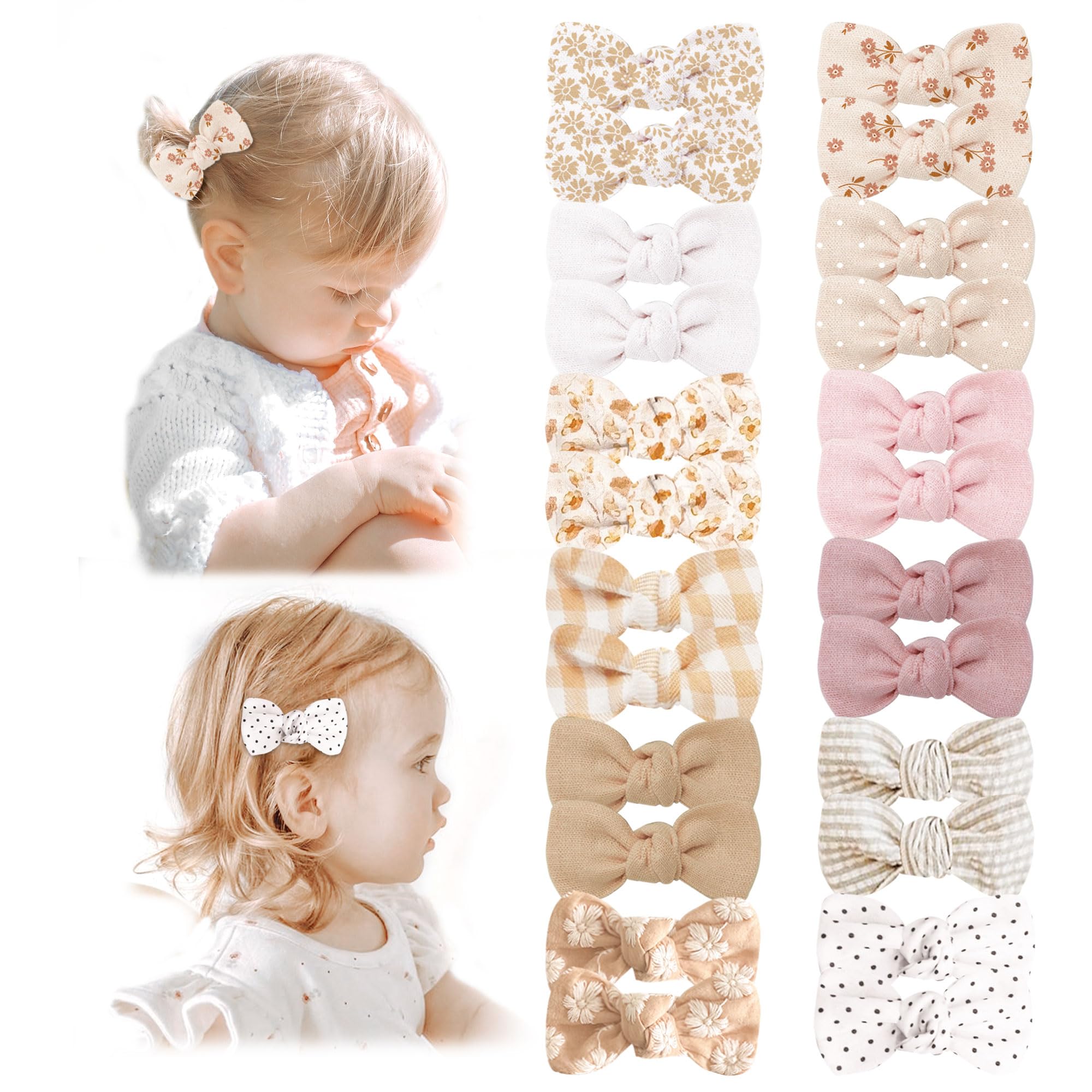 Photo 1 of Niceye Baby Hair Clips - 24 Pcs Fully Lined Hair Bow Clips for Fine Hair Cotton Tiny Hair Barrettes for Infants, Toddlers, and Little Girls