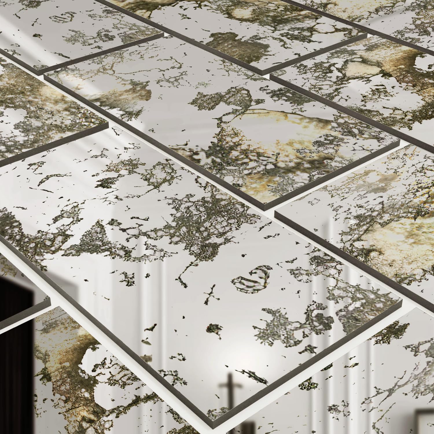 funlife 3D Vintage Mirror Effect Wall Panels, Rusty Faux Antique Mirror Tiles, Humidity Wall Rectangular 21PCS