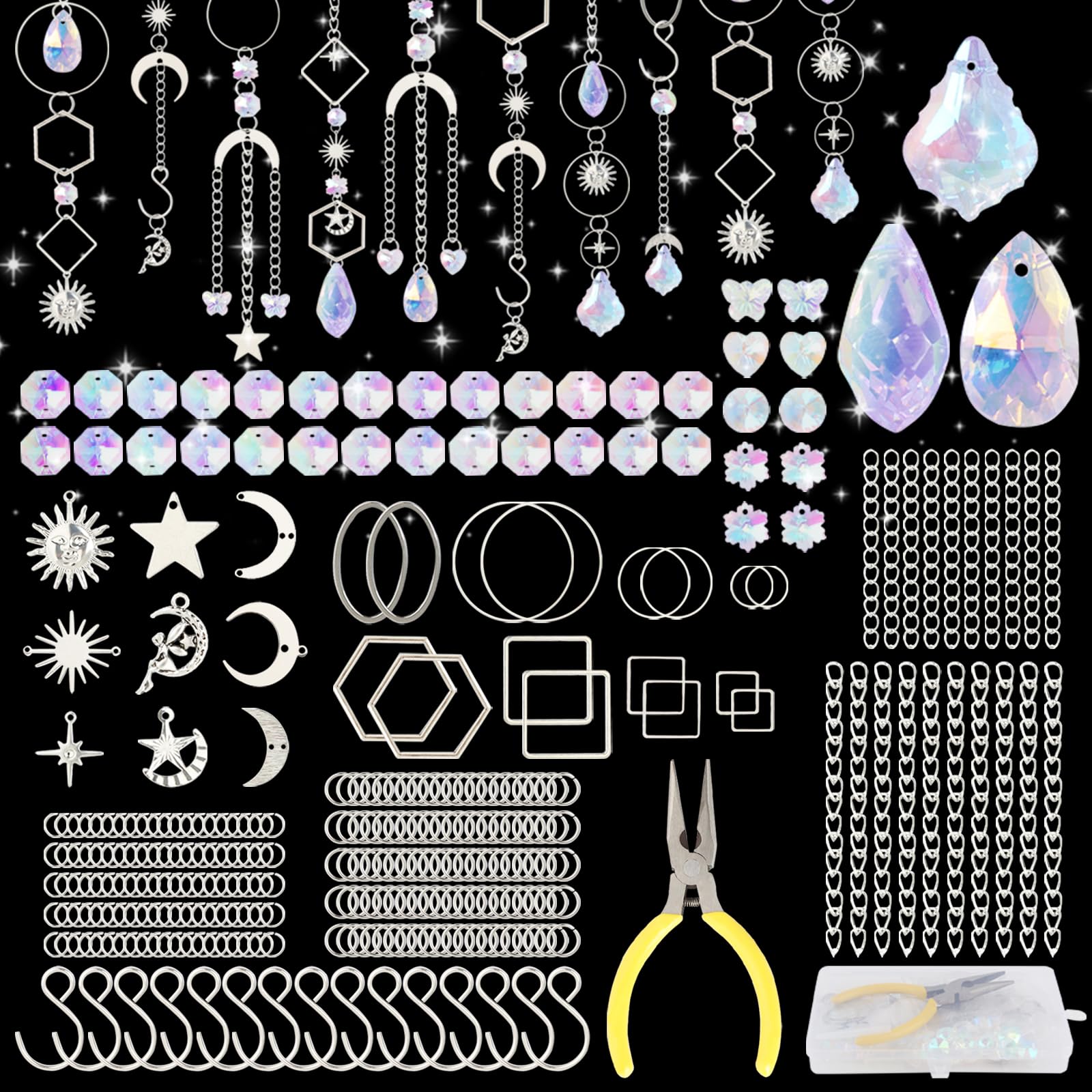 lahnao 300 Pieces Sun Catcher Crystal Craft Set, Crystal Sun Catcher with Handmade Tongs and Pendants, DIY Sun Catcher Crafts, Crystals for Hanging for Windows, Living Room, Garden