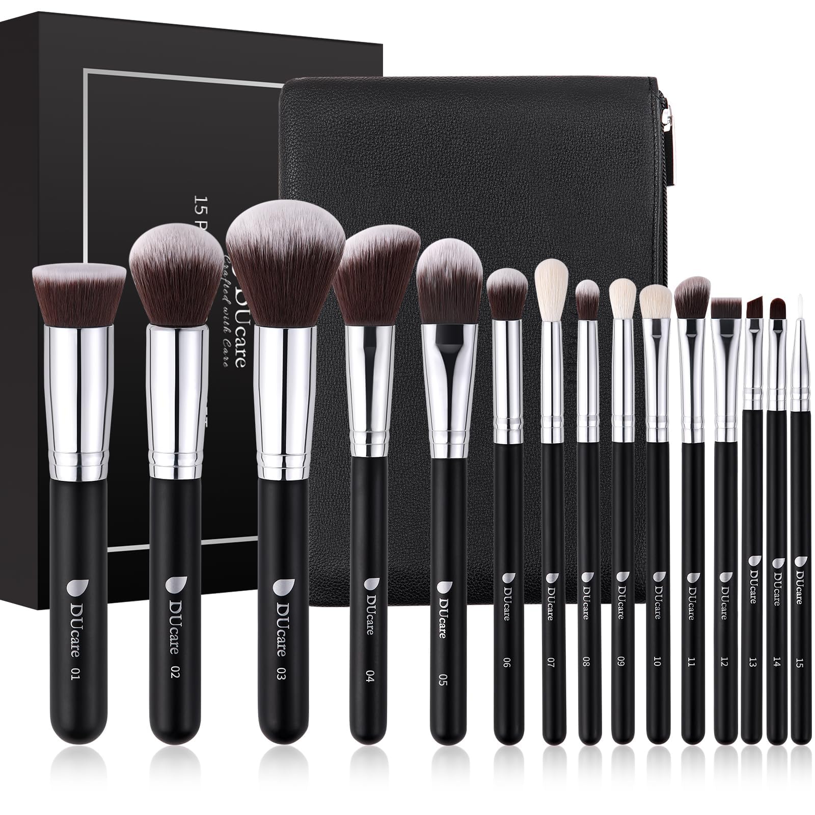 DUcare Makeup Brushes with Bag,15Pcs Christmas Makeup Brush Set Travel Kabuki Foundation Blending Blush Eyeliner Shadow Brow Concealer Brushes Kit