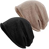 Chicingyou 2 Pack Linen Beanies Hats for Women & Men - Winter Slouchy Hat, Soft Natural Fiber Knit for Comfort, Beige & Black