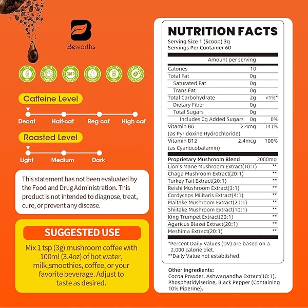 MUSHROOM COFFEE, 10 MUSHROOMS INSTANT COFFEE POWDER – LION’S MANE, REISHI, CHAGA, CORDYCEPS, TURKEY TAIL, SHIITAKE, ASHWAGANDHA, VITAMIN B12 / B6, ARABICA COFFE FOR IMMUNE BOOST, FOCUS & GUT HEALTH