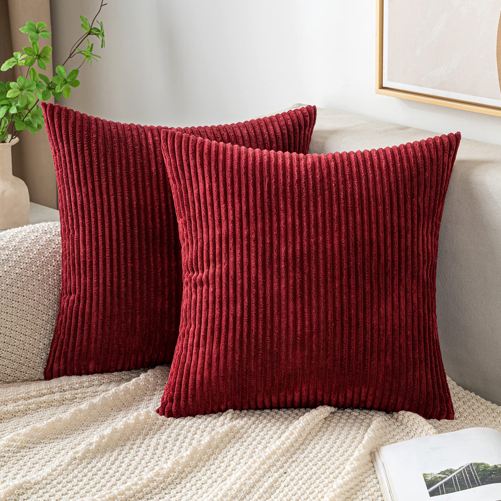 EMEMA Cushion Covers Corduroy Square Throw Pillow Covers Striped Soft Sham Home for Sofa Couch Bedroom Decorative Pillowcases 20x20 Inch 50x50cm Set of 2 Burgundy