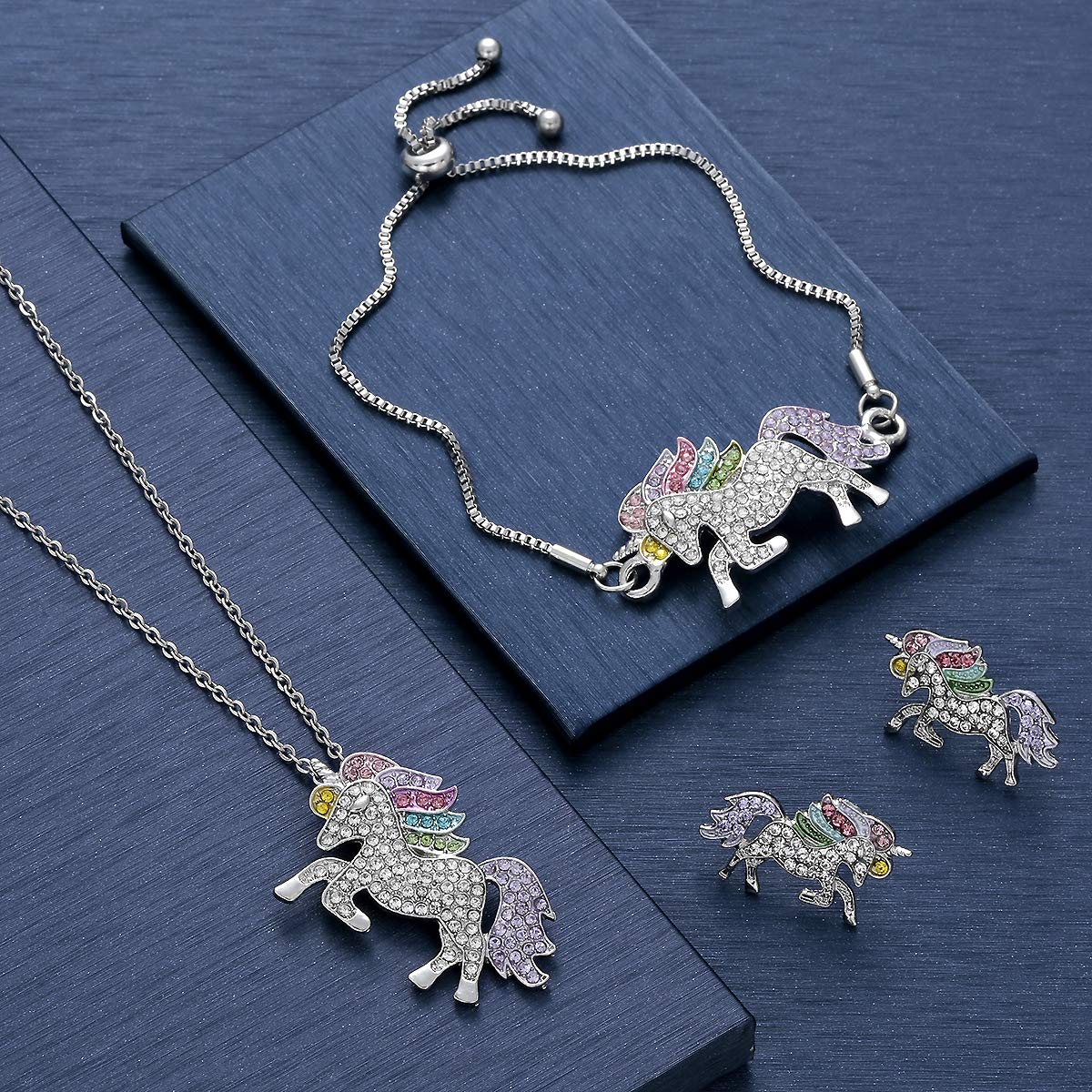 WURUIBO 3 PCS Rainbow Unicorn Jewelry Set for Girls, Fashion Necklace Earring Bracelet Crystal Rhinestone Set(Jewelry Set)