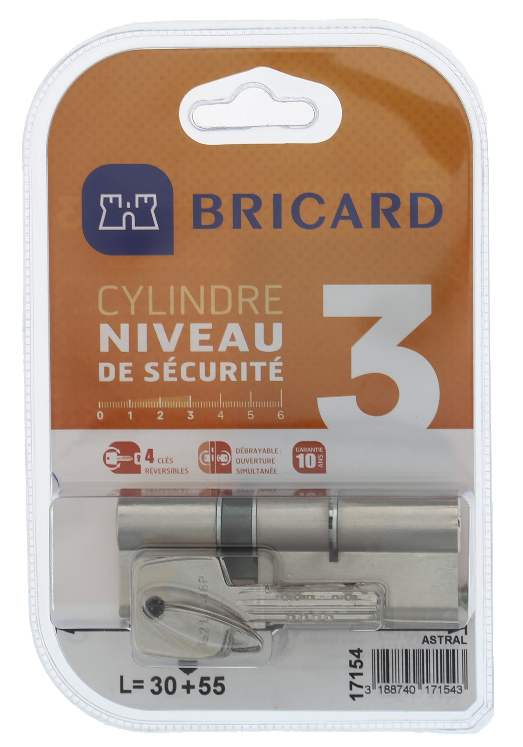 BRICARD 17154 Cylinder, Steel, Nickel-Plated, 85/30 + 55