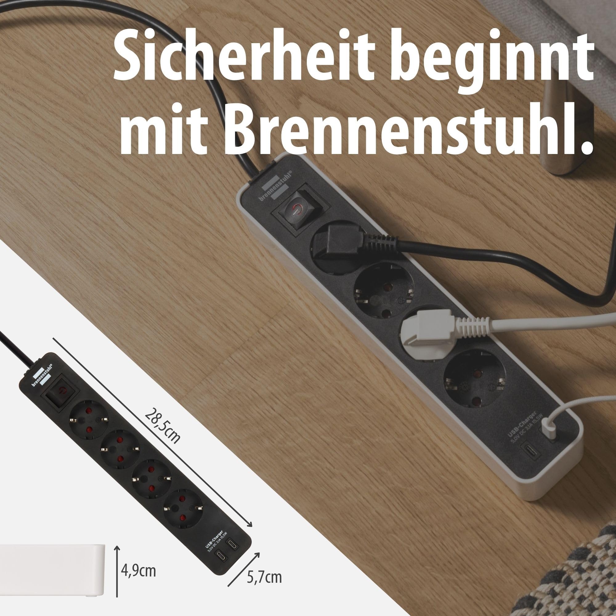 Brennenstuhl Ecolor Steckdosenleiste 4-Fach mit USB-Ladebuchse (Mehrfachsteckdose mit 2X USB C, Schalter und 1,5m Kabel) weiß/schwarz 6