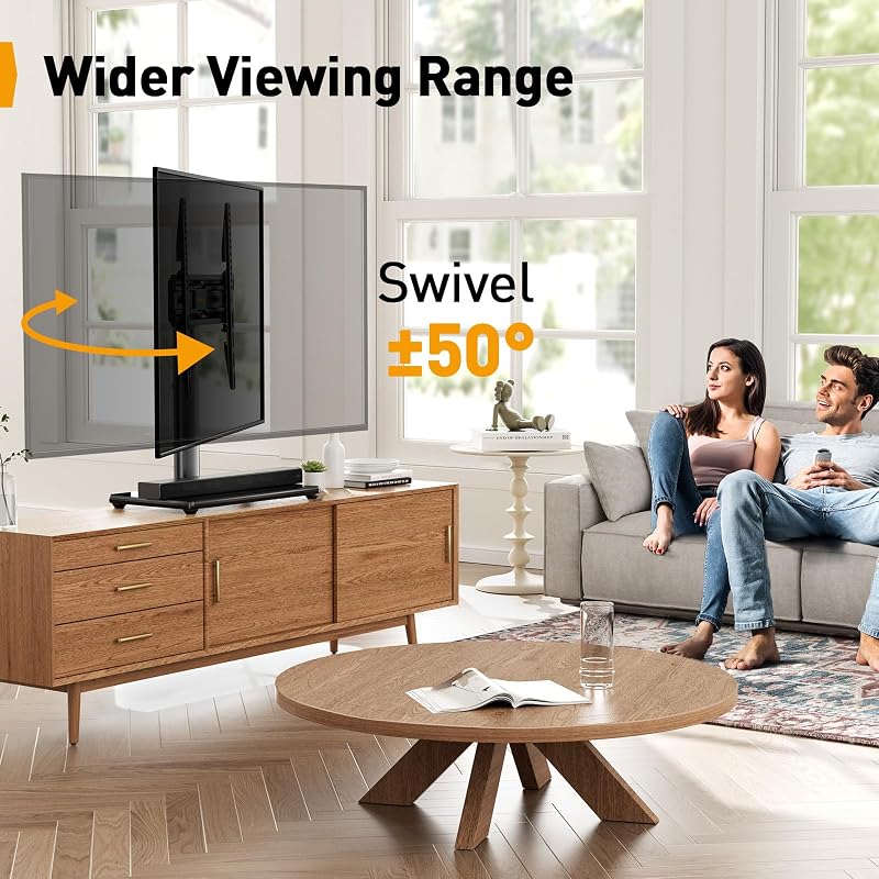 Supporto TV da Tavolo Girevole per TV da 24-60 Pollici Fino a 45 kg, Universale Supporto TV da Tavolo Regolabile in Altezza, Piedistallo TV con Base in Vetro Temperato Max VESA 400x400mm — foto 2 di 8