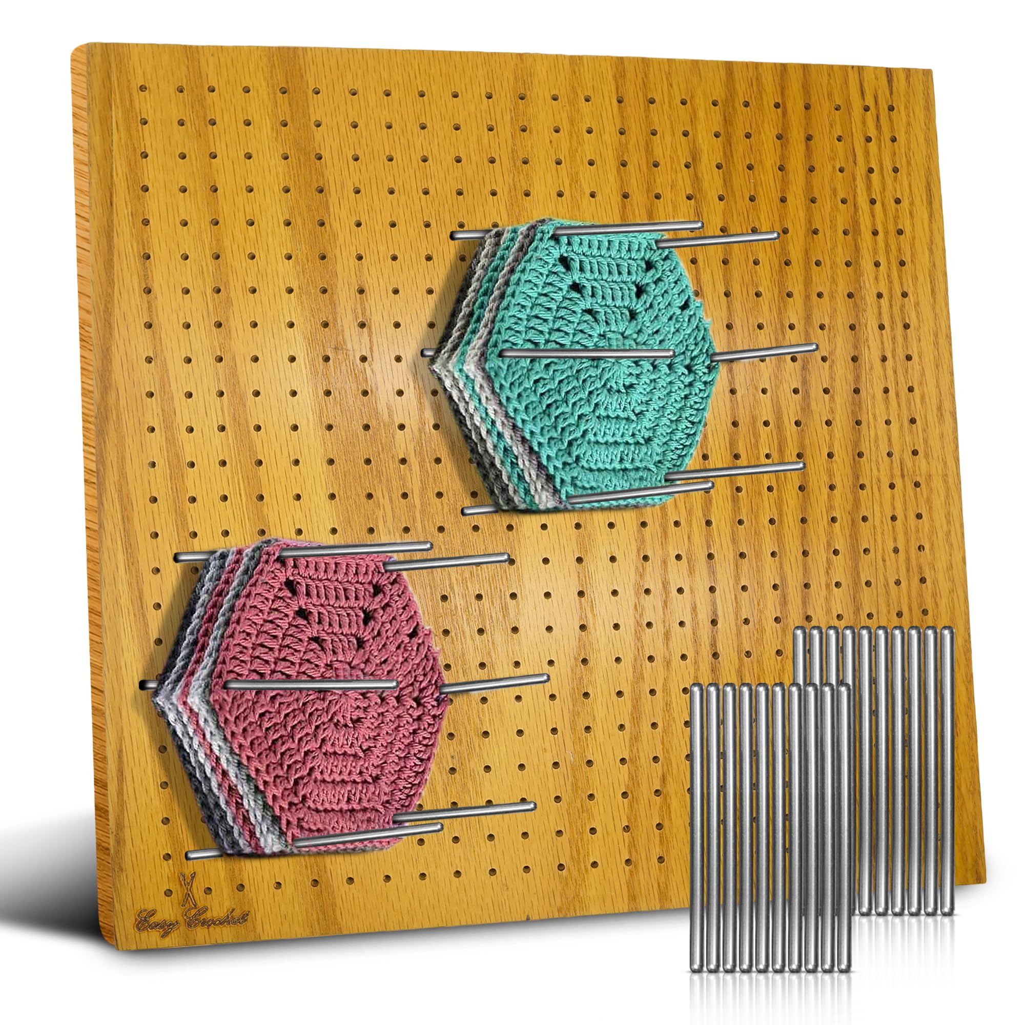 Easy Crochet - Blocking Board for Crochet and Knitting - Wooden Blocking Mats for Knitting 20 Stainless Steel Pins and Pin Holder | Bonus Crochet E-Book - 12 x 12 Inches