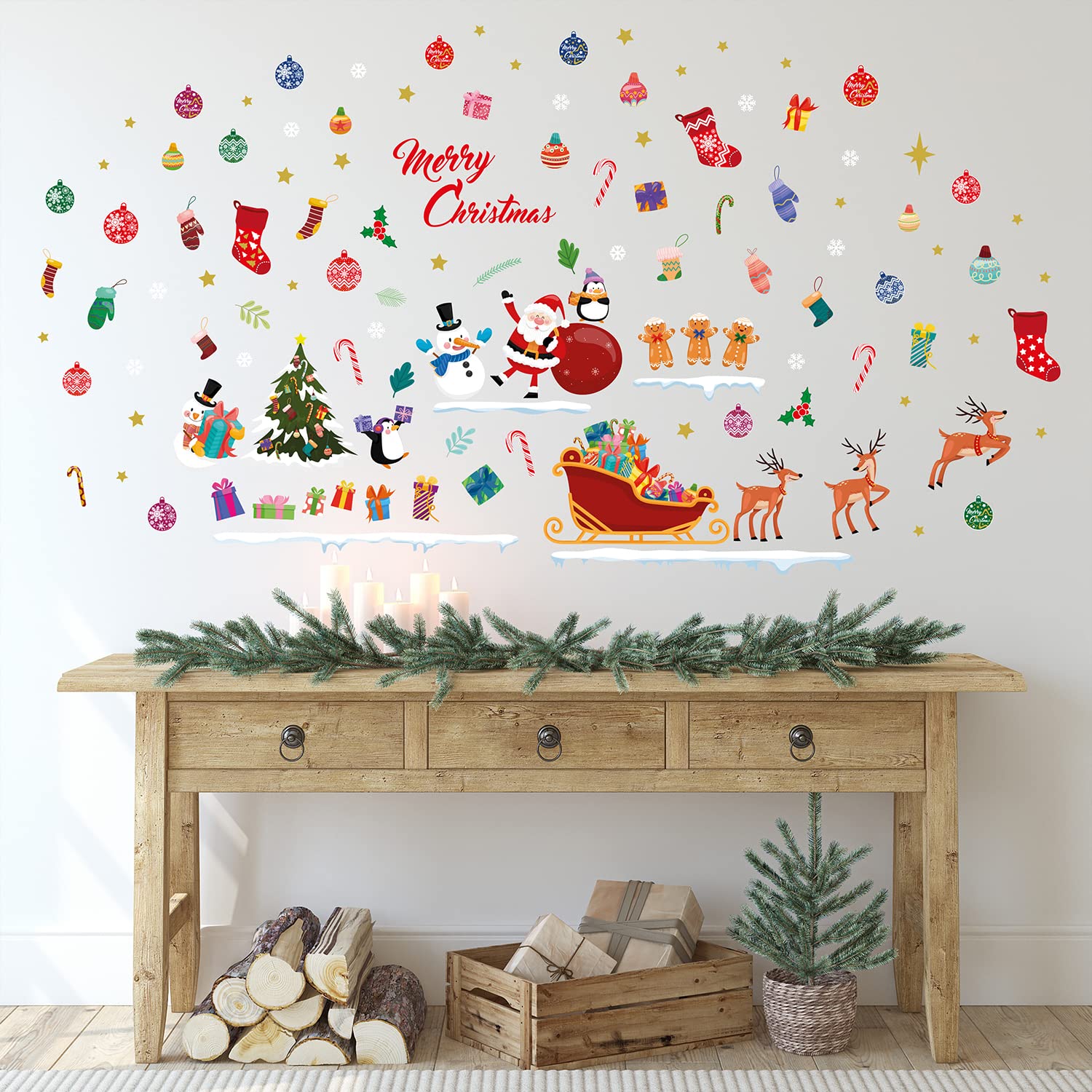 WALPLUS 180x100cm Christmas Combo Decorations Wall Stickers Merry Christmas from Santa and Friends Wall Art Window Display Clings Display Decals Living Room Living Room Bedroom DIY