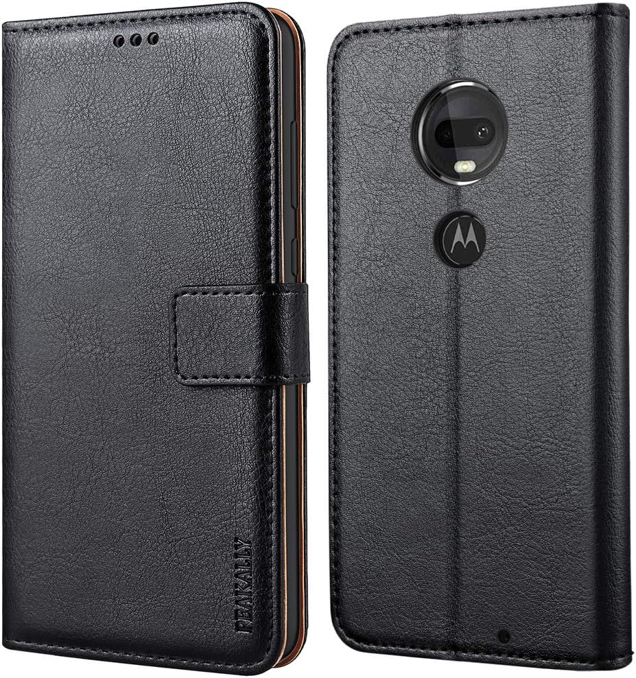Peakally Moto G7/ Moto G7 Plus Case, Premium PU Leather Flip Wallet Case Cover for Moto G7/ Moto G7 Plus [Card Slots] [Kickstand] [Magnetic Closure]-Black