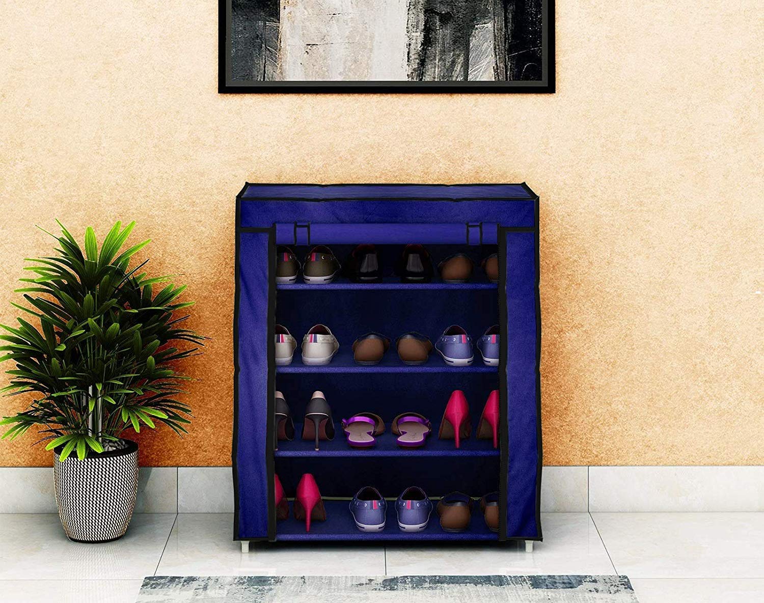 Ebee Iron Store Iton Collapsible Shoe Stand (Blue, 4 Shelves) 58D x 28W x 55H Cm