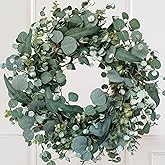 22" Eucalyptus Wreath, Year Round Wreaths for Front Door, Spring Summer Wreath with Green Faux Eucalyptus, All Seasons Evergreen Decor for Inside Farmhouse Festival Celebration Party