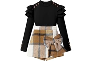 Tainmully Girls Clothes Ruffle Long Sleeve shirt Top and Bowtie Plaid Skort Set 2PCS Girls Fall Outfits 6-16 Years