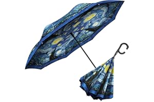 RainCaper Reverse Inverted (inside-out) Windproof Fine Art van Gogh Starry Night Reverse-opening Upside Down Umbrella with C-shaped Handsfree Handle Umbrella