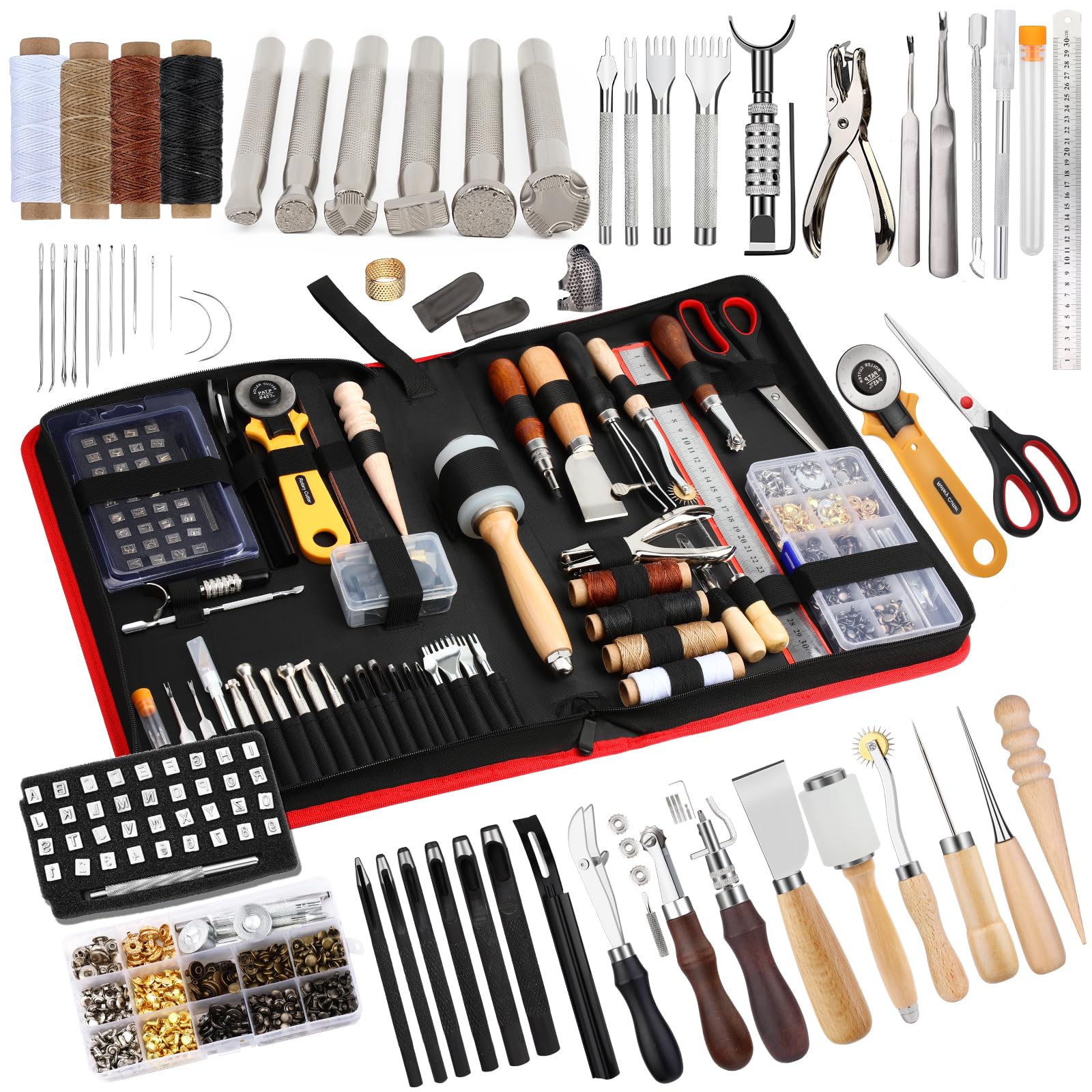 SUVSOON Leather Working Kit, Professional Leather Crafting Tools and Supplies Leather Tooling Kit with Storage Bag Punching Stamping Carving Rivet and Snap Leather Working Tools for DIY Craft
