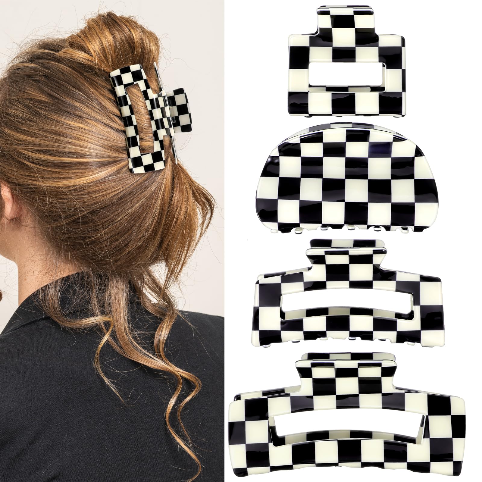 4Pcs Checkered Hair Claw Clips, Non Slip Hair Jaw Clip for Thick Thin Curly Straight Long Hair, Simple Style Black White Square Claw Clips for Women's Hair Accessories
