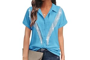 MYMORE Women's Western Cowgirl Rhinestone Fringe Button Down Shirt Rolled Cuffed Short Sleeve Shirt Country Concert Outfit